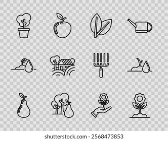 Set line Pear, Flower, Leafs, Tree with pears, in pot, Farm House concept, Hand holding flower and Watering sprout icon. Vector