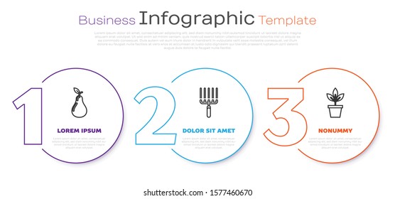 Set line Pear, Garden rake in work and Flowers in pot. Business infographic template. Vector