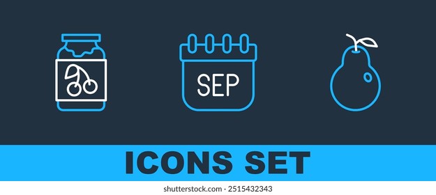 Set line Pear, Jam jar and September calendar autumn icon. Vector