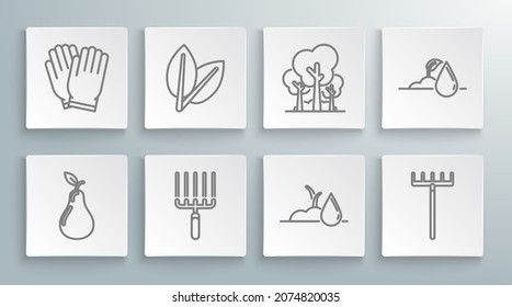 Set line Pear, Leafs, Garden rake in work, Watering sprout, Trees,  and gloves icon. Vector