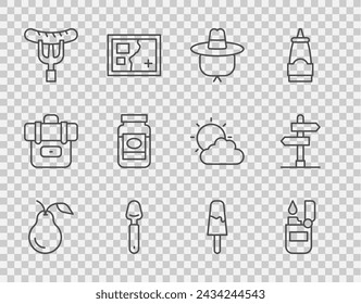 Set line Pear, Lighter, Camping hat, Spoon, Sausage the fork, Jam jar, Ice cream and Road traffic sign icon. Vector