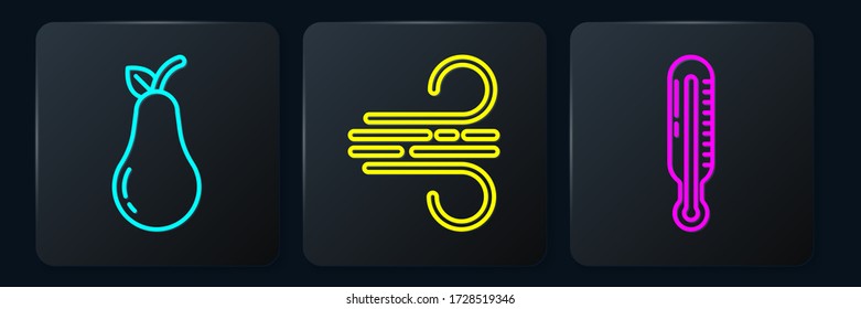 Set line Pear, Meteorology thermometer and Wind. Black square button. Vector