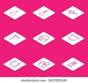 Set line Pear, Onion, Wheelbarrow with dirt, Scythe, Shopping basket, Udder, Horseshoe and Honeycomb icon. Vector