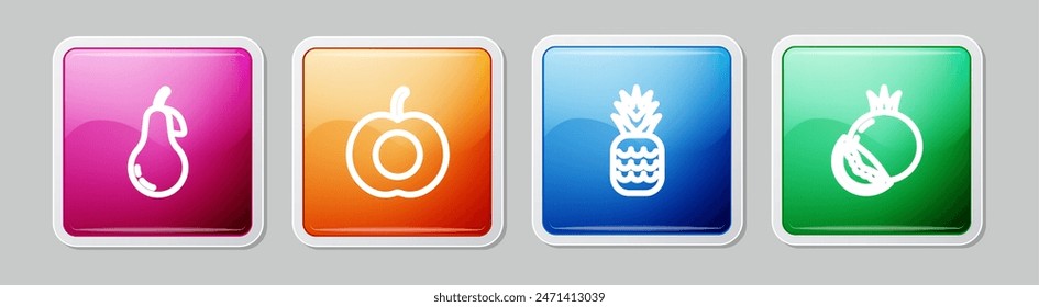 Set line Pear, Peach fruit, Pineapple and Tomato. Colorful square button. Vector