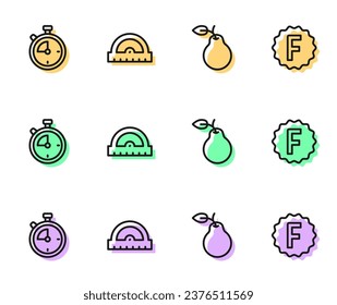 Fijar la línea Pear, Stopwatch, Protractor grid y papel de examen con el icono de respuestas incorrectas. Vector