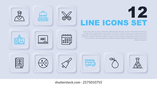 Set line Pear, Test tube, Chalkboard, School Bus, Identification badge, Pie chart infographic, backpack and Ringing bell icon. Vector