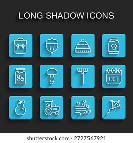 Set line Pear, Tractor, School backpack, Windy weather, Kite, Mushroom, October calendar autumn and Garden rake icon. Vector