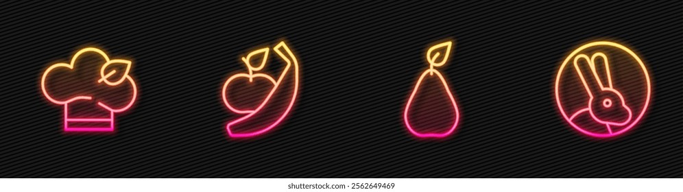 Set line Pear, Vegan food diet, Apple and banana and Rabbit. Glowing neon icon. Vector