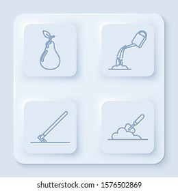 Set line Pear, Watering can with water, Garden rake in work and Garden trowel spade or shovel in the ground. White square button. Vector
