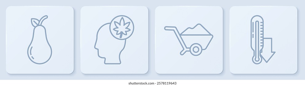 Set line Pear, Wheelbarrow with dirt, Human head with leaf and Meteorology thermometer. White square button. Vector