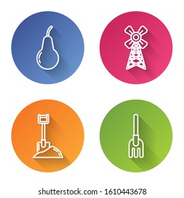 Set line Pear, Windmill, Shovel in the ground and Garden rake. Color circle button. Vector