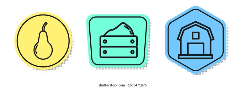Set line Pear, Wooden box with harvest and Farm House concept. Colored shapes. Vector