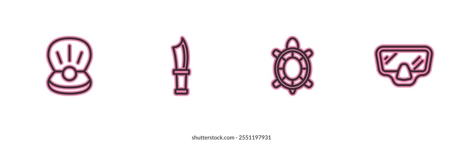 Conjunto de línea de perlas, tortugas, cuchillo de buceo y máscara icono. Vector