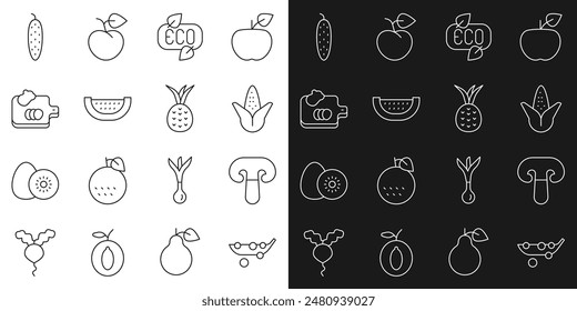 Set line Peas, Mushroom, Corn, Leaf Eco symbol, Watermelon, Cutting board with vegetables, Cucumber and Pineapple icon. Vector