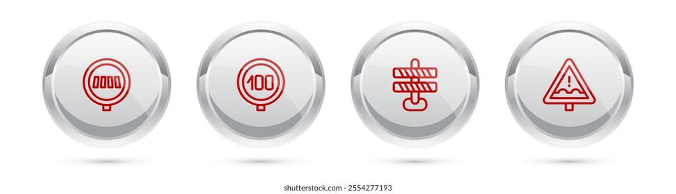 Set line Pedestrian crosswalk, Speed limit traffic, Road barrier and Uneven road ahead sign. Silver circle button. Vector