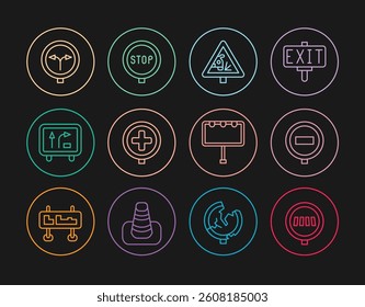 Set line Pedestrian crosswalk, Stop sign, Warning road, Hospital traffic, Road, Fork the, Billboard with lights and  icon. Vector
