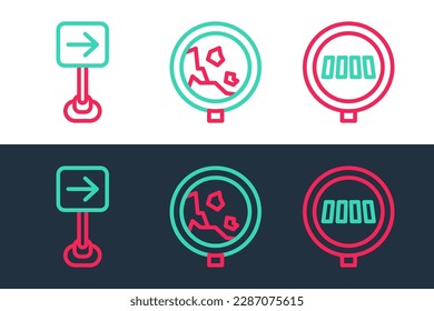 Set line Pedestrian crosswalk, Traffic sign turn right and Road warning rockfall icon. Vector