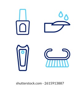 Set line Pedicure brush or grater, Nail cutter, manicure and Bottle of nail polish icon. Vector