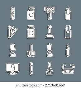 Definir linha Escova de pedicura ou ralador, fresadora para manicura, Unha, arquivo, Tubo de creme de mão, unhas falsas, e ícone. Vetor