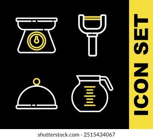 Set line Peeler, Coffee pot, Covered with tray and Scales icon. Vector