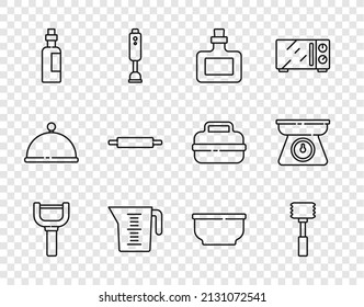 Set line Peeler, Kitchen hammer, Sauce bottle, Measuring cup, Bottle of olive oil, Rolling pin, Bowl and Scales icon. Vector