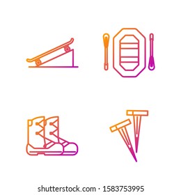 Set line Pegs for tents, Boots, Skateboard on street ramp and Rafting boat. Gradient color icons. Vector