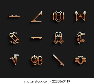 Set line Pegs for tents, Diving mask and aqualung, Snowboard, Surfboard, Knee pads, Skateboard,  and Parachute icon. Vector