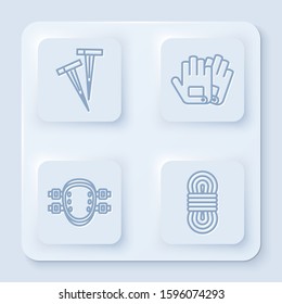 Set line Pegs for tents, Gloves, Knee pads and Climber rope. White square button. Vector