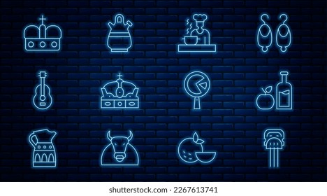 Set line Peineta, Apple cider bottle, Spanish cook, Crown of spain, guitar, Omelette frying and Sangria pitcher icon. Vector