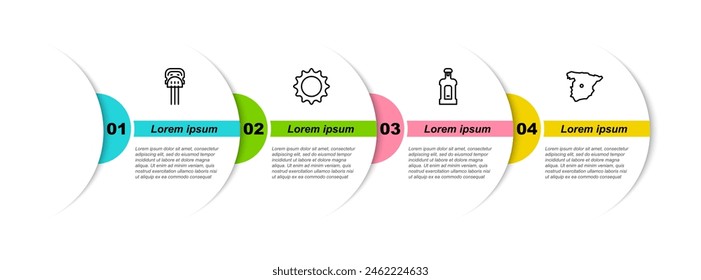Set line Peineta, Sun, Orujo and Map of Spain. Business infographic template. Vector