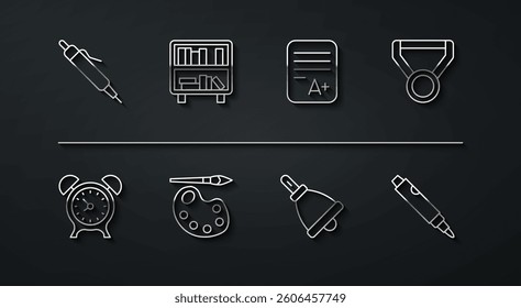 Set line Pen, Alarm clock, Medal, Ringing bell, Paint brush with palette, Shelf books, Marker pen and Exam sheet plus grade icon. Vector