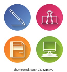 Set line Pen line, Binder clip, File document and Computer monitor with keyboard. Color circle button. Vector