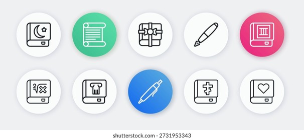 Set line Pen, Book, with mathematics, Holy bible book, Fountain pen nib, as gift, Romance and History icon. Vector