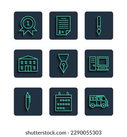 Set line Pen, Calendar, School Bus, Paint brush, Fountain pen nib, building, Medal and Computer monitor icon. Vector