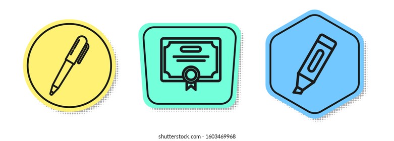 Set line Pen, Certificate template and Marker pen. Colored shapes. Vector