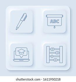 Set line Pen, Chalkboard, Graduation cap on screen laptop and Abacus. White square button. Vector