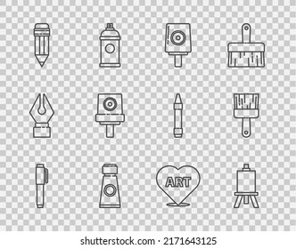 Set Line Pen, Easel Or Painting Art Boards, Spray Can Nozzle Cap, Tube With Palette, Pencil Eraser, Heart Text And Paint Brush Icon. Vector