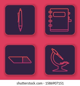 Set line Pen, Eraser or rubber, Notebook and Microscope. Blue square button. Vector