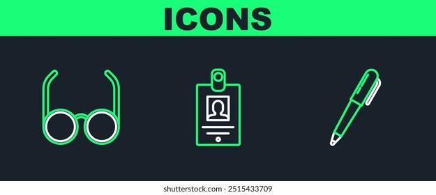 Set line Pen, Glasses and Identification badge icon. Vector