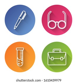 Set line Pen, Glasses, Test tube and flask chemical laboratory and Briefcase. Color circle button. Vector