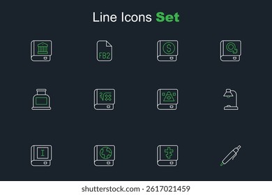 Set line Pen, Holy bible book, Earth globe and, Book, Table lamp, Ancient magic, with mathematics and Inkwell icon. Vector
