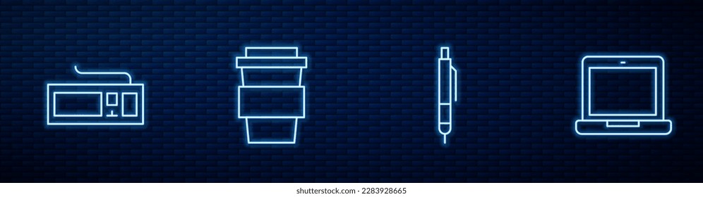 Set line Pen, Keyboard, Coffee cup to go and Laptop. Glowing neon icon on brick wall. Vector