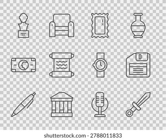 Set line Pen, Medieval sword, Big full length mirror, Museum building, Gypsum head sculpture bust, Papyrus scroll, Microphone and Floppy disk icon. Vector