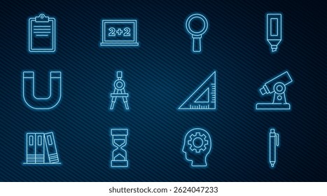 Set line Pen, Microscope, Magnifying glass, Drawing compass, Magnet, Clipboard with checklist, Triangular ruler and Chalkboard icon. Vector