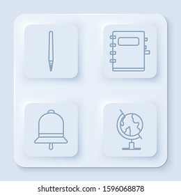 Set line Pen, Notebook, Ringing bell and Earth globe. White square button. Vector