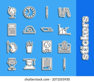 Set line Pen, School building, Pie chart infographic, Pencil with eraser, Protractor grid for measuring degrees, Calculator, Earth globe and Eraser rubber icon. Vector