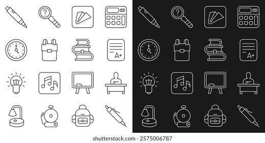 Set line Pen, Schoolboy sitting at desk, Exam sheet with A plus grade, Paper airplane, backpack, Clock, Marker pen and Book icon. Vector