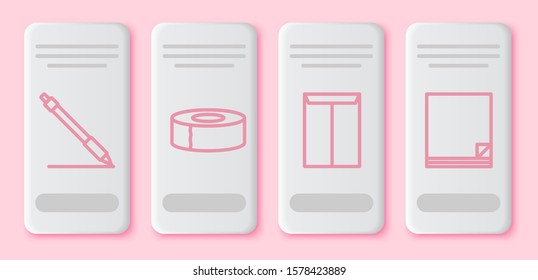 Set line Pen line, Scotch, Envelope and File document. White rectangle button. Vector