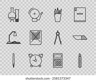 Set line Pen, Stationery knife, Pencil case stationery, Alarm clock, Test tube and flask chemical laboratory test, Exam paper with incorrect answers survey, Calculator and Eraser rubber icon. Vector