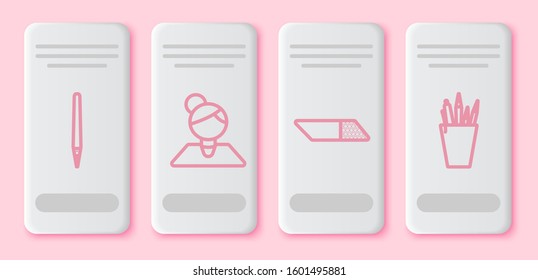 Set line Pen, Teacher, Eraser or rubber and Pencil case stationery. White rectangle button. Vector